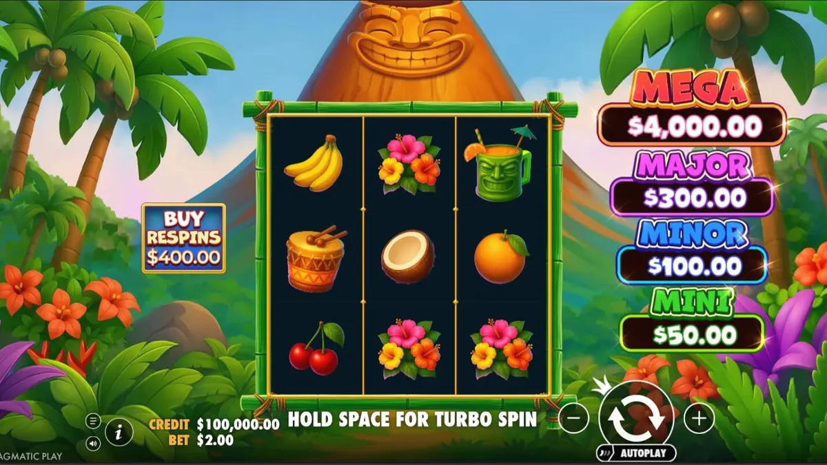 Interface vibrante do slot Super Tiki Strike com tema tropical